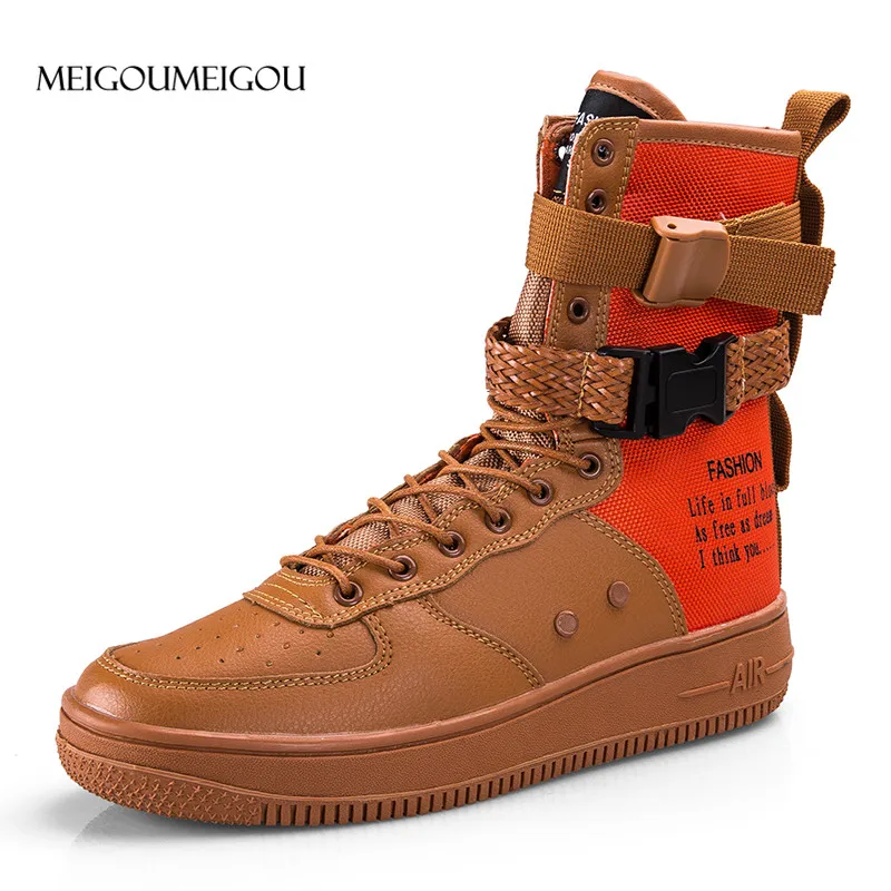 

MEIGOUMEIGOU Youth Trend Men Fashion Boots High Top Buckle Strap Couple Boots 39-46 Hip Hop Breathable Leather Boots Men