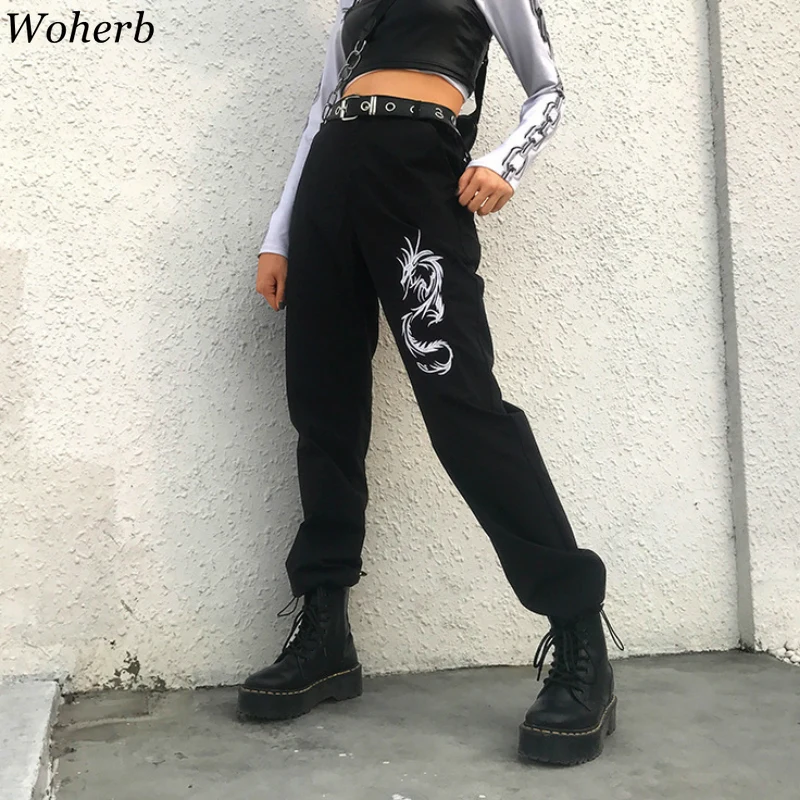 

Woherb Chinese Style Dragon Embroidery Cargo Pants Women Black Elastic High Waist Trousers Streetwear Modis Casual Pants 22683