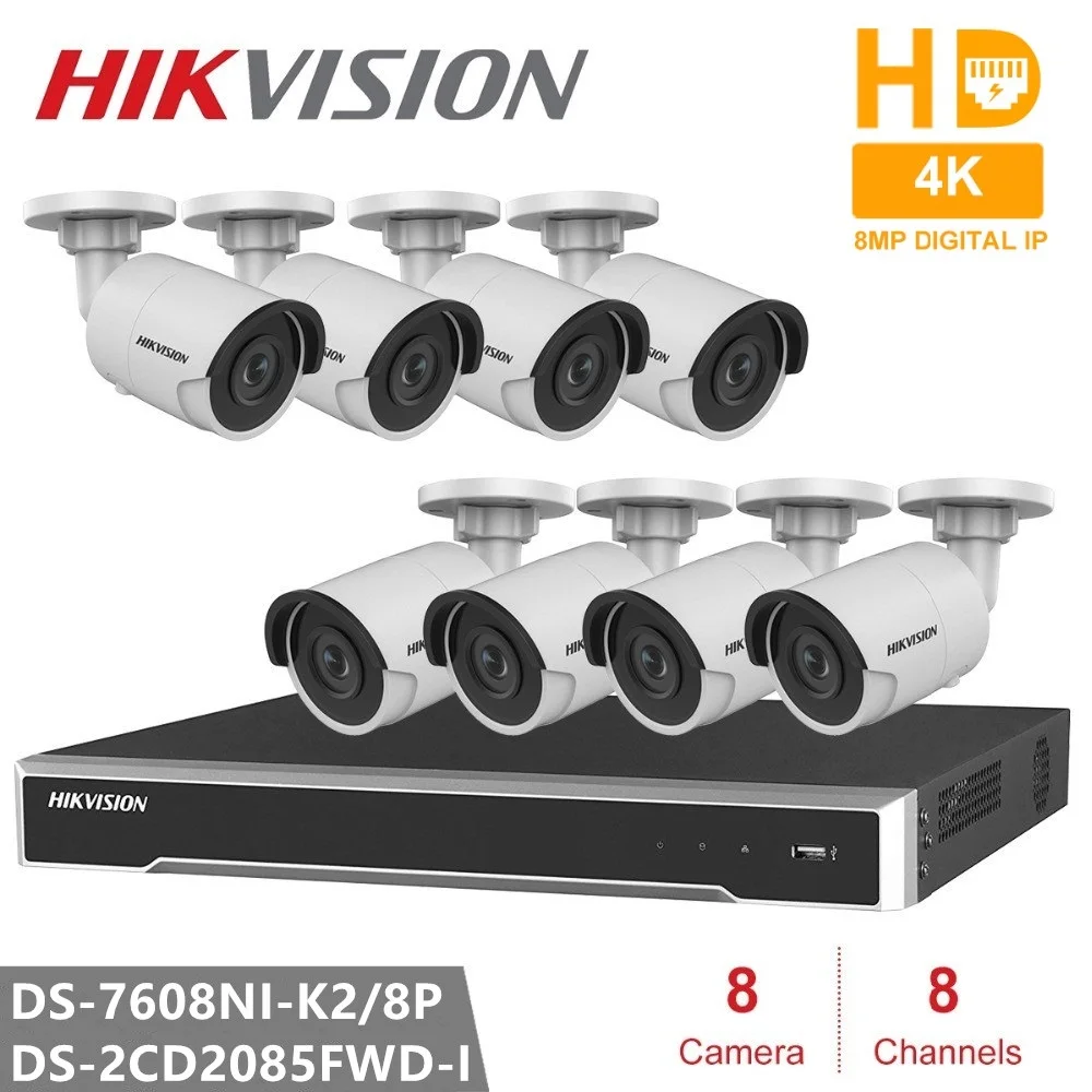 Hikvision IP CCTV Наборы DS-7608NI-K2/8 P 8CH 8 POE 4 к NVR + шт. DS-2CD2085FWD-I 8MP H.265 Пуля Камера безопасности |