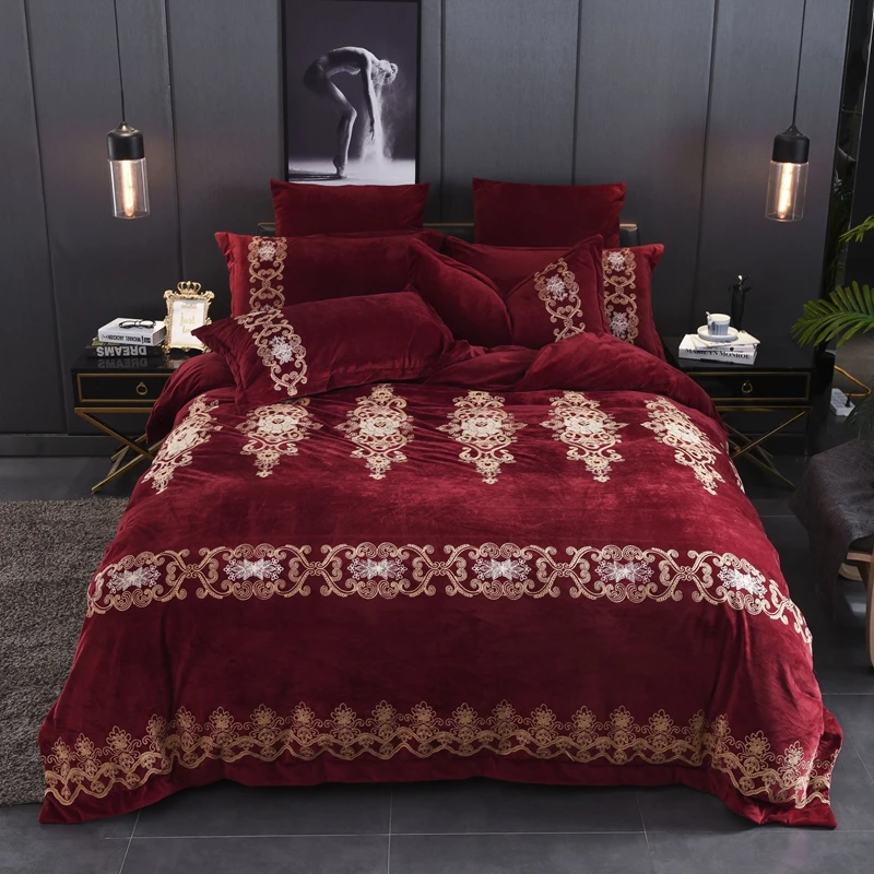 Red Wine Luxury European Style Royal Embroidery Winter Thick