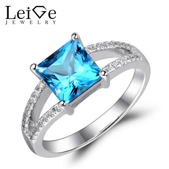 

Leige Jewelry Swiss Blue Topaz Ring Princess Cut Blue Gemstone Stunning Engagement Ring Double Band Sterling Silver 925 Jewelry