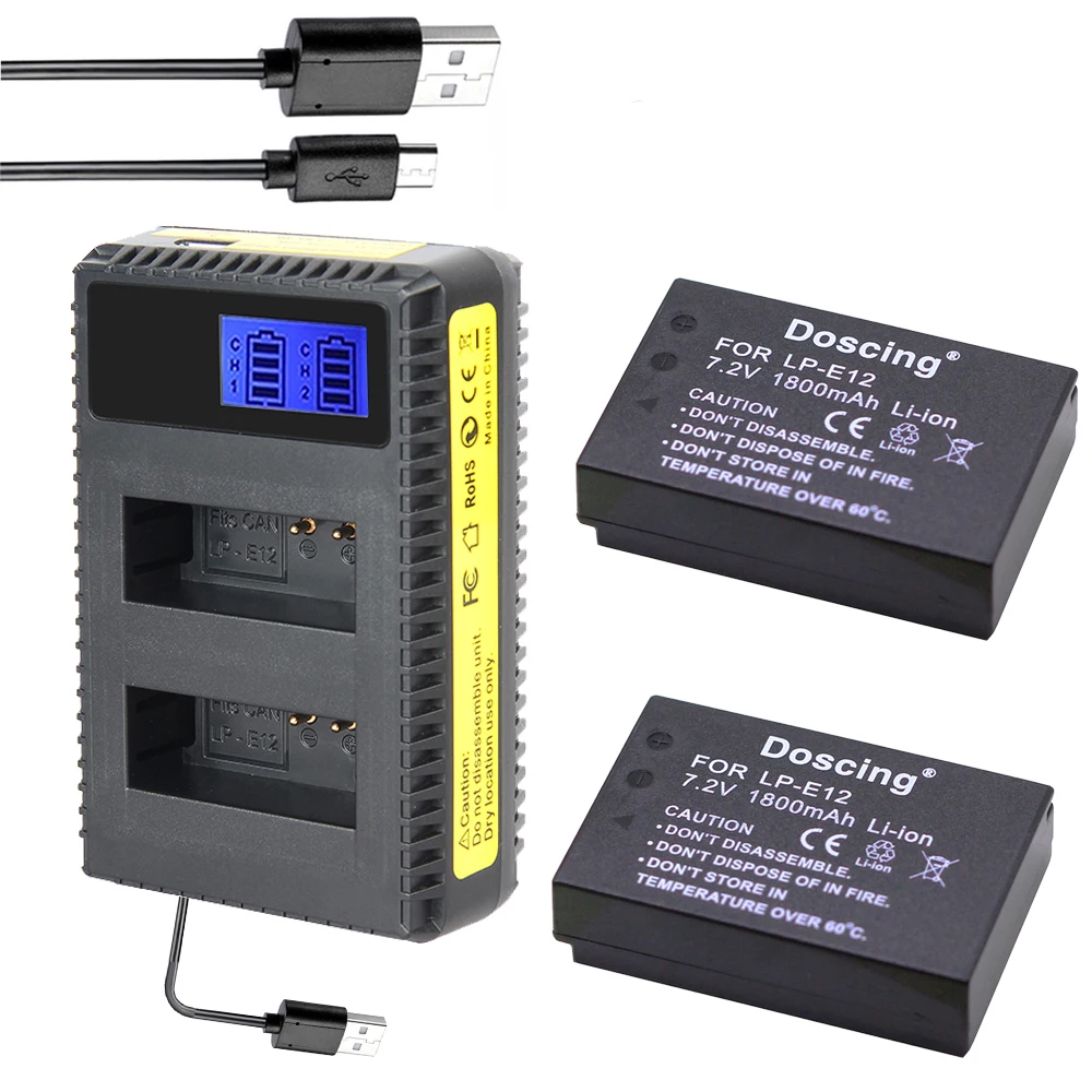 

2Pcs 1800mAh LP-E12 LP E12 Replacemenet Battery AKKU + LCD USB Charger for Canon M 100D Kiss X7 Rebel SL1 EOS M10 EOS M50 DSLR