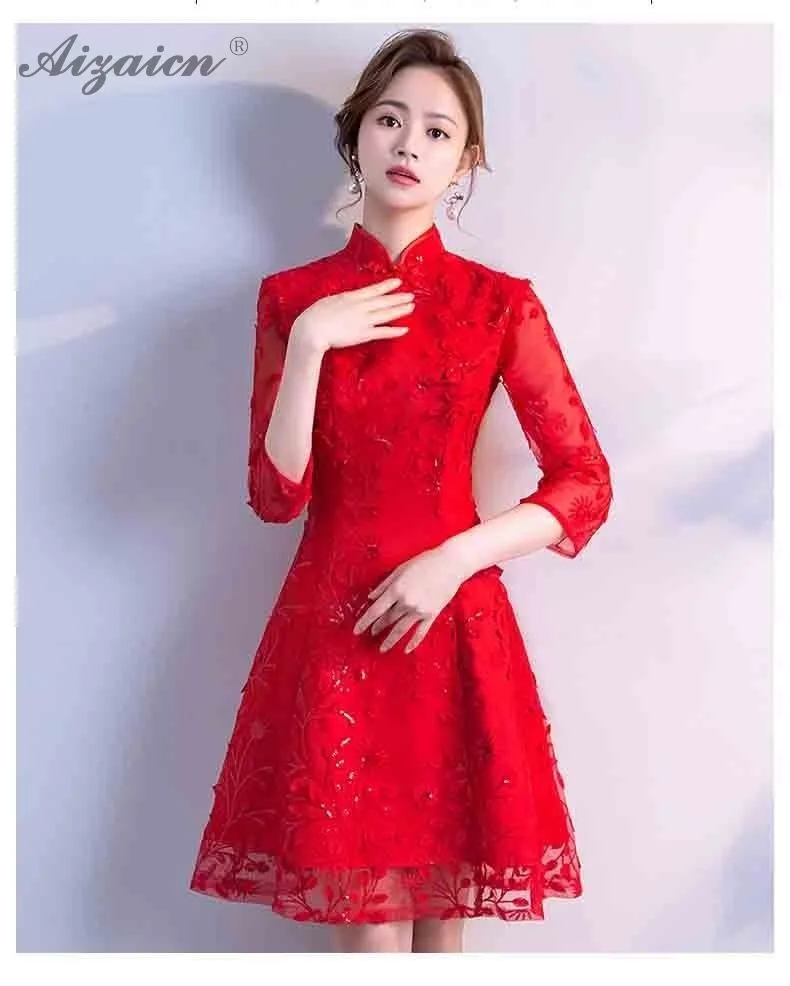 Moda novia corto Cheongsam модерано rojo mujeres boda chino, vestido Qipao estilo Восточное мини vestidos de algodón Qi Pao