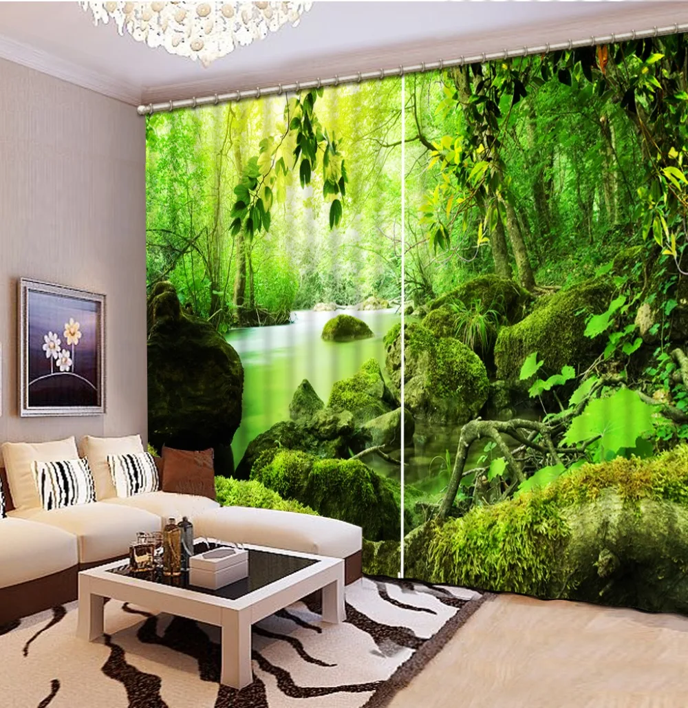 

Custom Curtains Green Forest Creek Scenery Beauty Digital Photo Printing Blackout 3D Curtains for Living Room Bedding Room Hotel