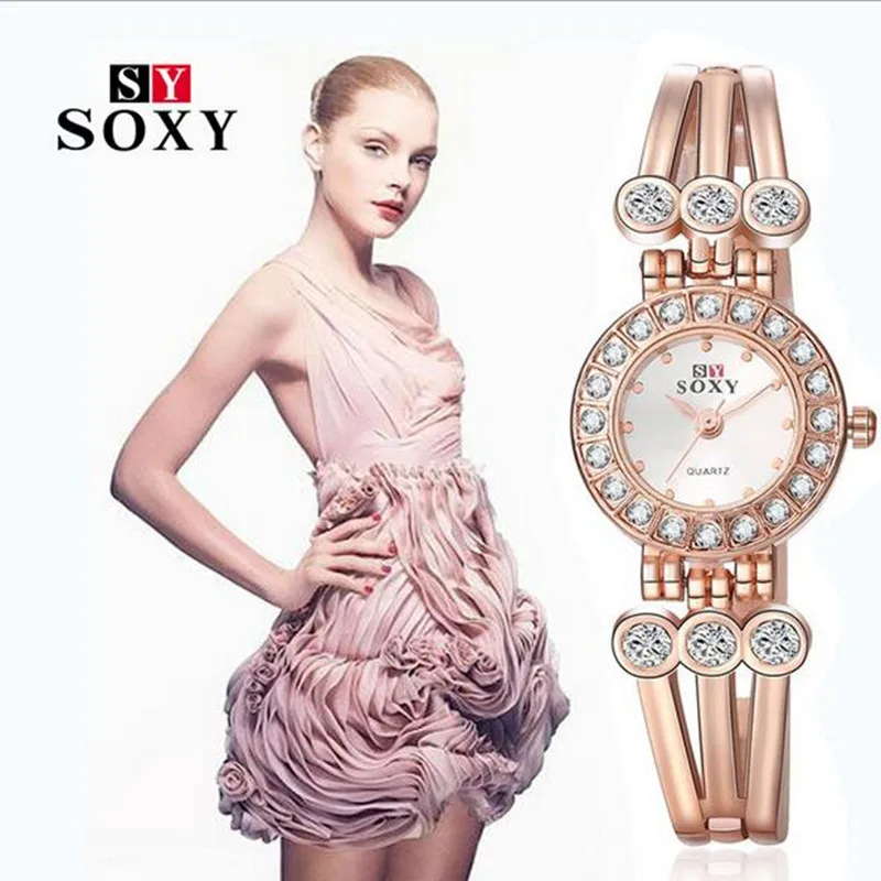 

New 2016 Luxury Rhinestone Rose Gold Watches Women Dress Watches Ladies Stainless Steel Bracelet Quartz Watch reloj mujer AC065