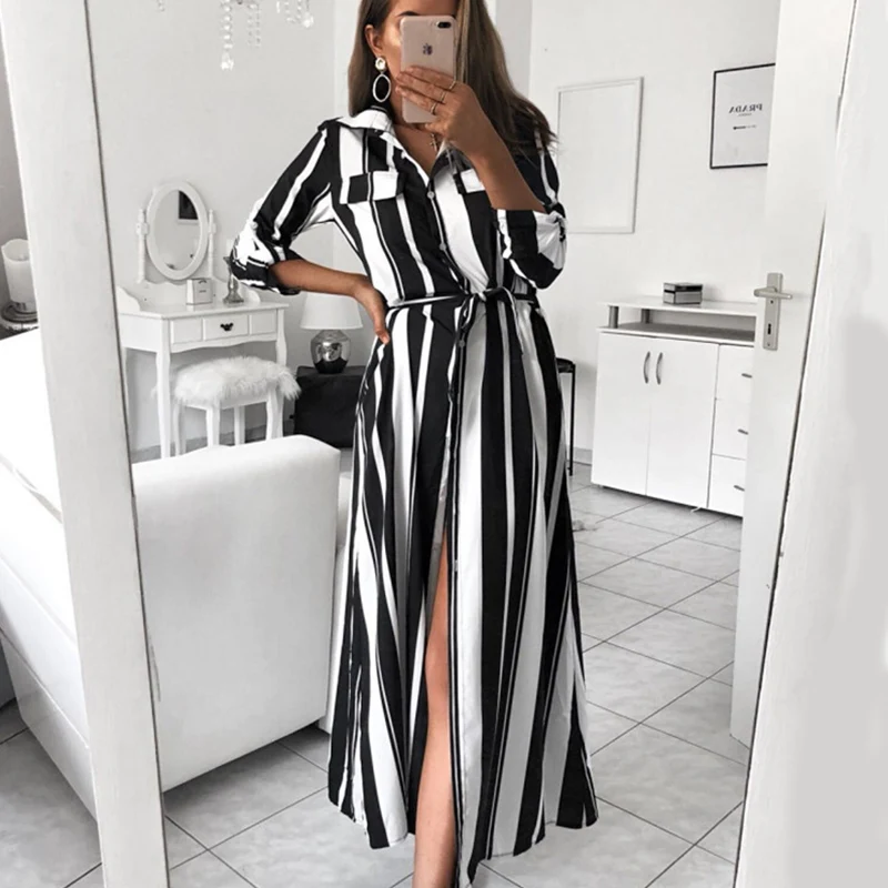 

2019 Office Ladies Striped Sashes Long Dress Women Turn-Down Collar Beach Shirt Dress Casual New Fashion Women Elegant Dress