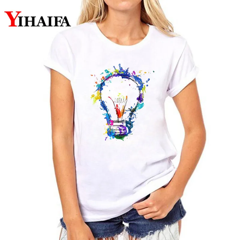 

Women 3D Print T Shirt Colorful light bulb Creative Graphic Tee Summer Lady Casual Plus Size Harajuku White T-shirts Tops
