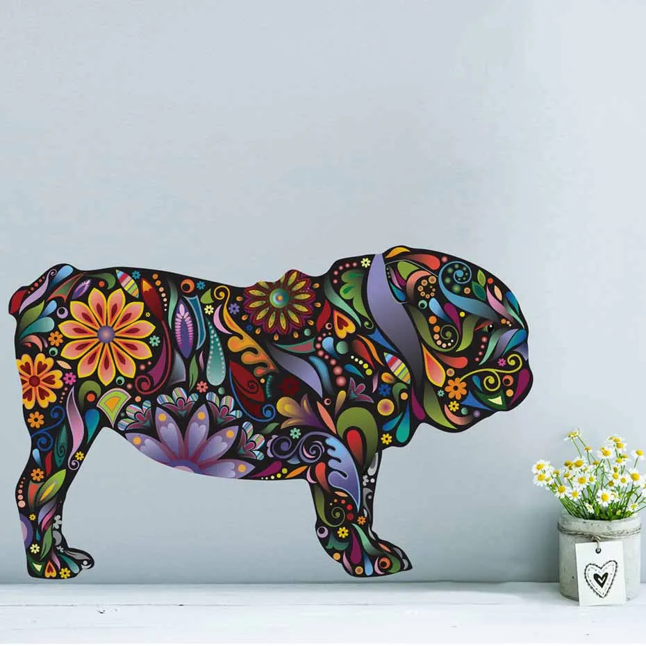 English Bulldog Dog Wall Sticker Colorful Floral Animals Decals Decorative Art For Living Room Modern Murals Waterpaper  (2)