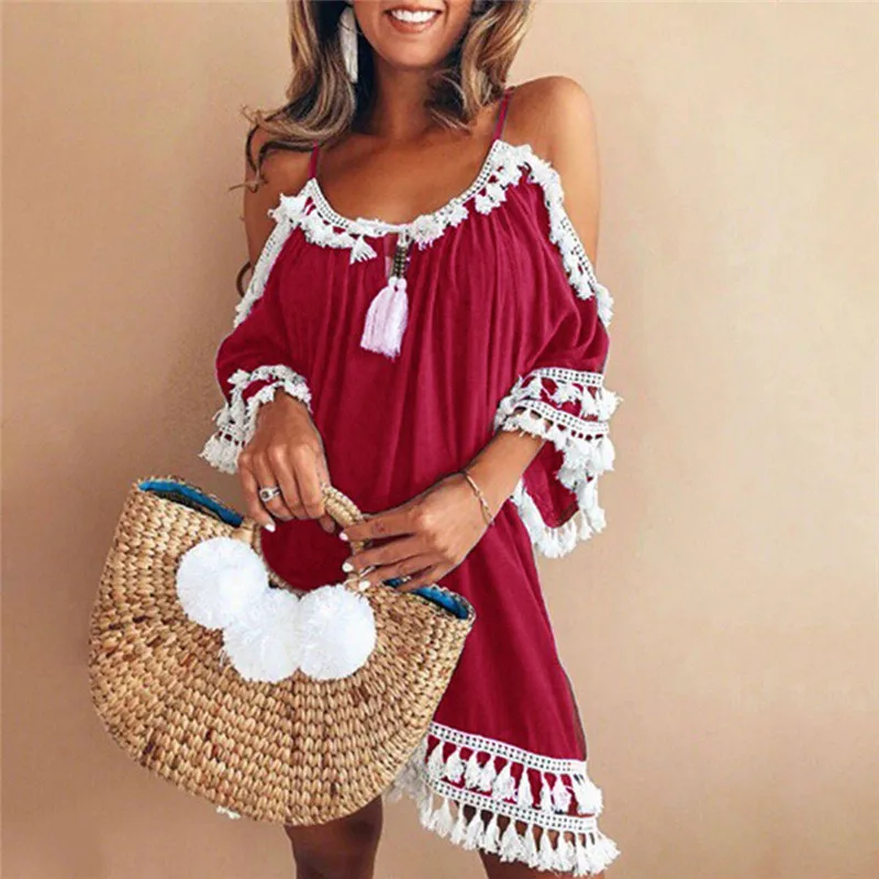 

Summer Dress Women Off Shoulder Dress Tassel Short Cocktail Party Beach Dresses Sundress Fashion Sexy V Neck Casual Dress