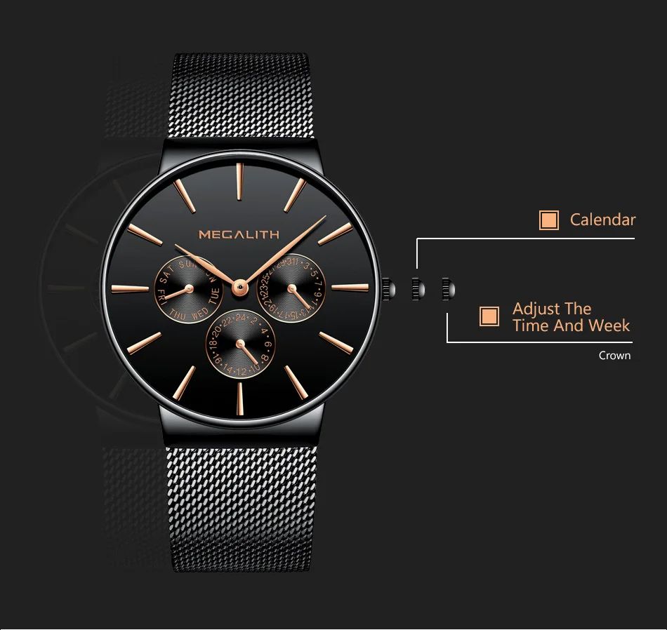 Мужские часы MEGALITH, черный стальной ремешок, сетчатый Браслет, кварцевые часы для мужчин, водонепроницаемые, с календарем, тонкий дизайн, спортивные наручные часы