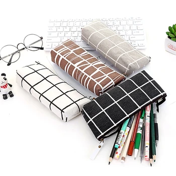 

Kawaii Cute Simple Striped Grid Canvas Pencil Case Storage Organizer Pen Bags Pouch Pencil Bag School Supply Stationery