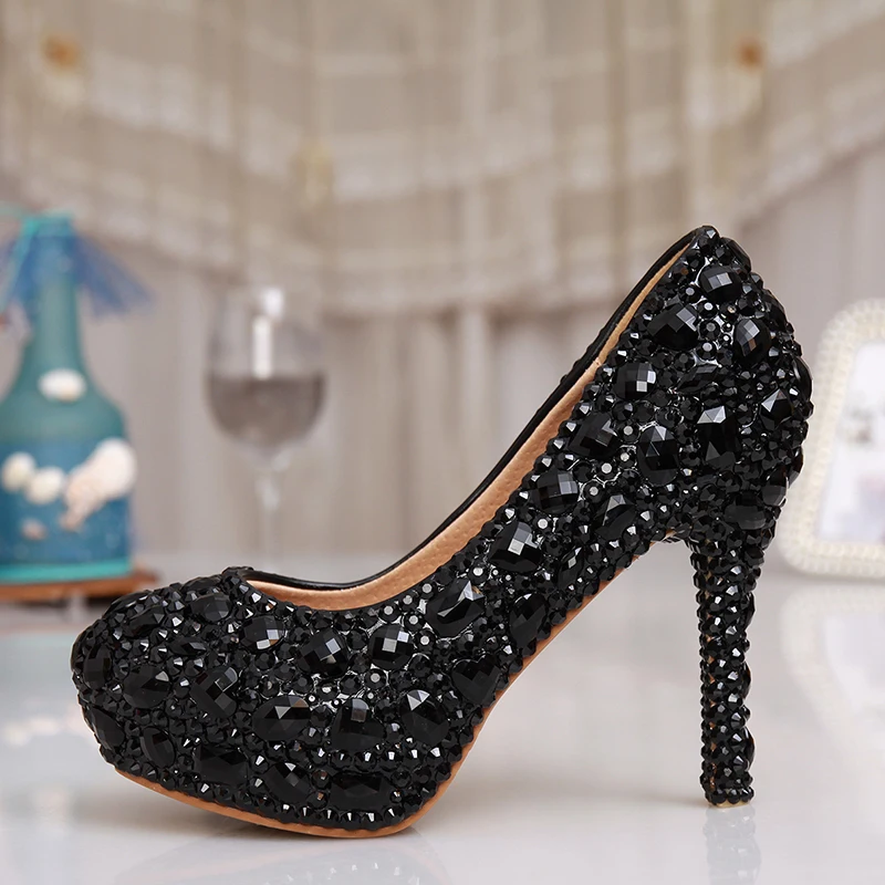 Черная обувь с украшением в виде кристаллов и стразами Дамская обувь к вечернему платью Свадебные туфли-лодочки Обувь с платформой под шикарный наряд со стразами Обувь на выпускной вечер