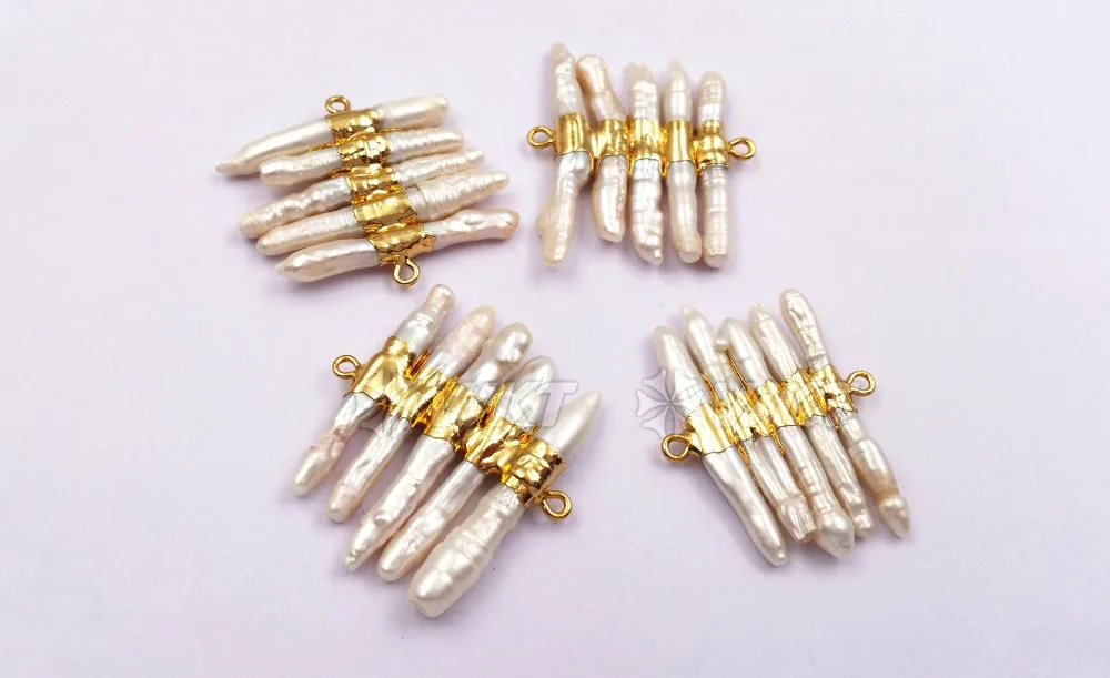 WT-JP039 Wholesale Tiny Stick Natural Freshwater Pearl Connector Charm Accessory With Gold Electroplated for Jewelry