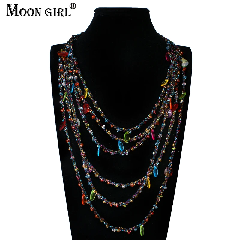 

MOON GIRL Bohemia style beads pendant Choker Necklace Ethnic Fashion Jewelry Multilayer Rope Chain Statement Necklace for women