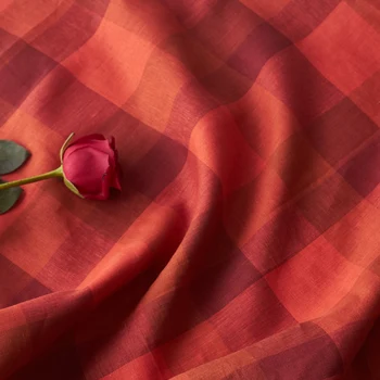 

High quality pure flax patchwork Red lattice stripe fabric High-end clothing dresses and gowns material 02934