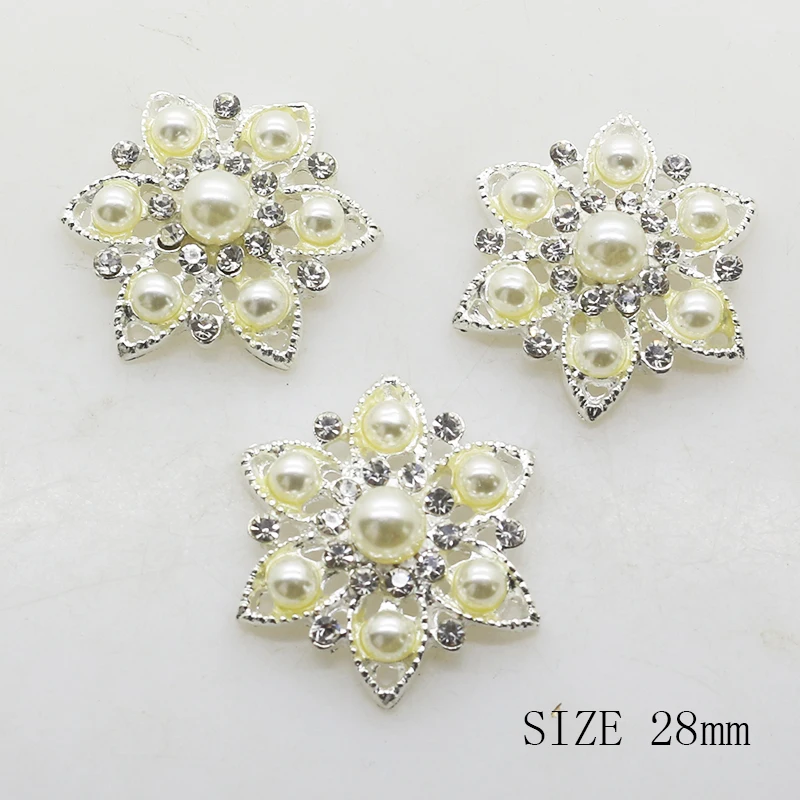 

2019 NEW 10pcs/lot 28mm Silver Alloy Button Pearl Rhinestone Buttons for Hair Craft Scrapbooking Women Clothing Decoration