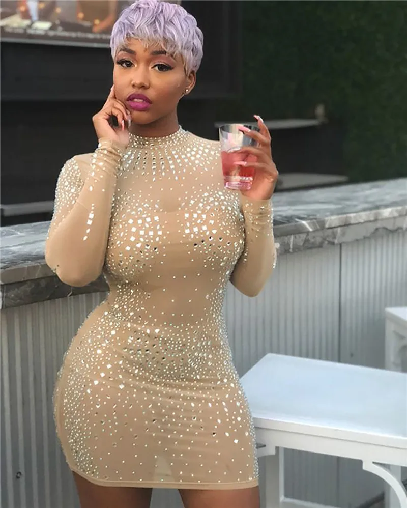 

Khaki Mesh Sequined See Through Bodycon Party Dress O Neck Long Sleeve Sheath Mini Party Dresses Top Quality Female Outfits