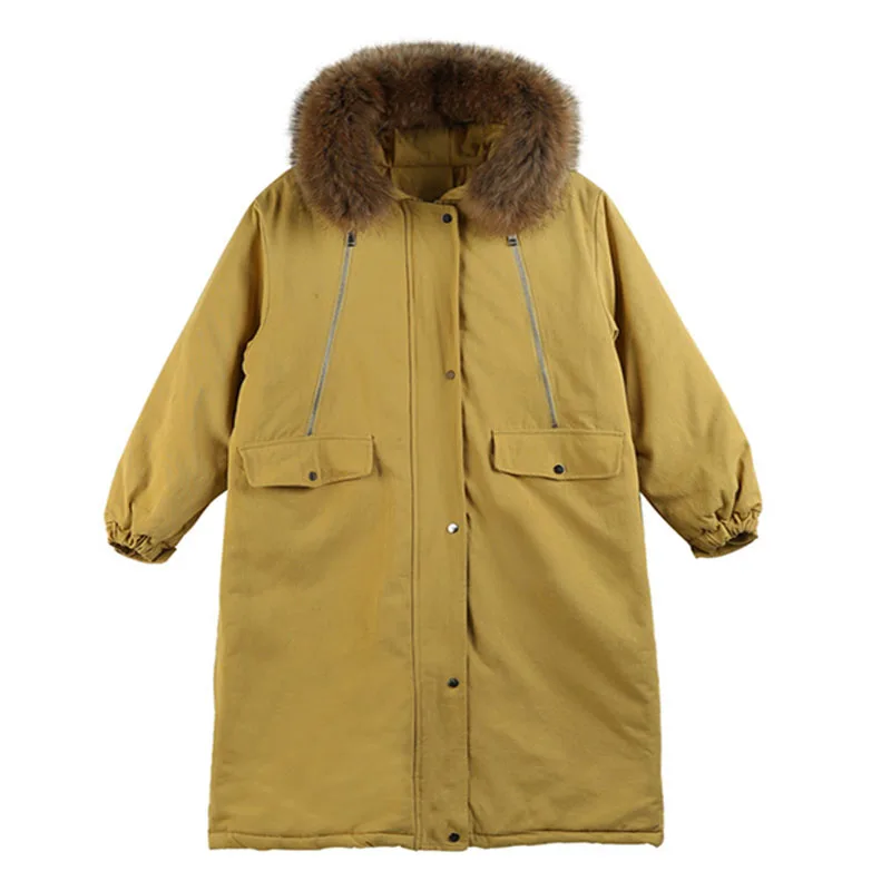 Lâche Nouveau Raton À Veste Épais Real Down Fourrure De Hiver Femme Laveur Capuche D'hiver Manteau 2018 Long Collier Jaune Big Parka Chaud pH07tqw