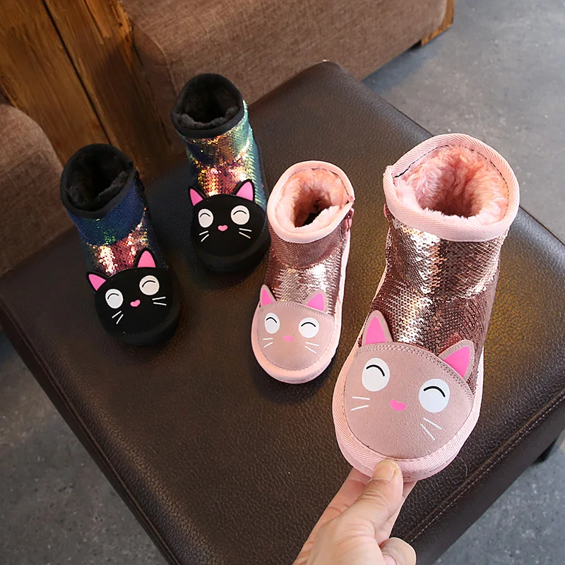 

2018 new cat pattern winter boots for girls flat with plush snow boots size 22-31