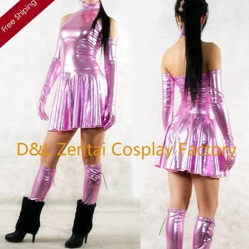 

Free Shipping DHL Sexy Adult Events Costume Pink Shiny Metallic Spandex Catsuit Dress for Woman With Gloves M151