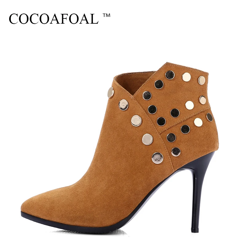 

COCOAFOAL Winter Women's Genuine Leather Ankle Boots High Heele Plus Size 41 Metal Decoration Ankle Boots Black Woman Shoes 2018