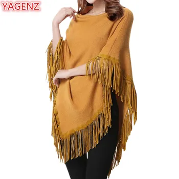 

YAGENZ Spring Autumn Women Sweaters And Pullovers Irregular Loose Tassel Cloak Shawl Long Coat Knit Sweater Women Top Femme 1050