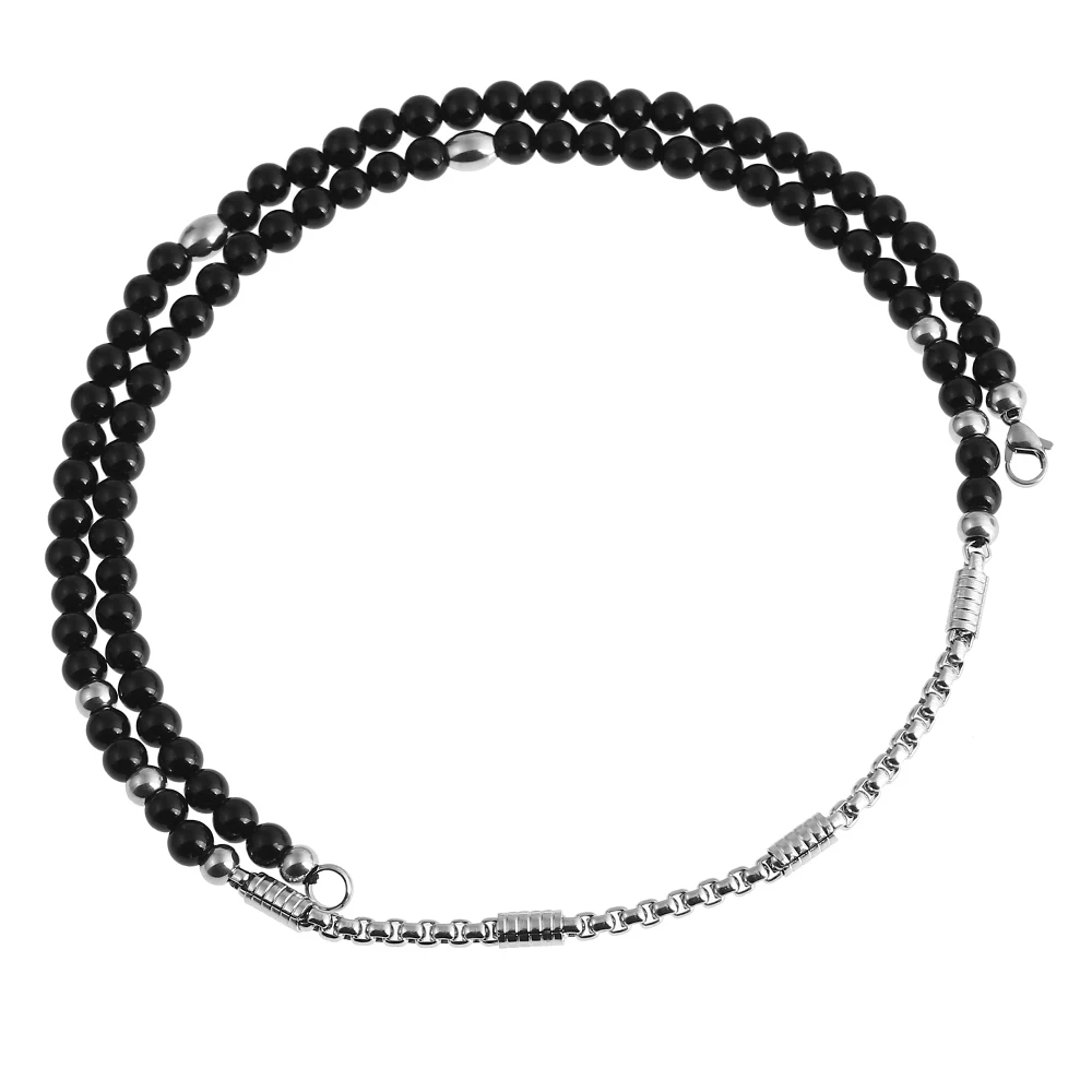 Mens Stainless Steel Wolf Tooth Pendant Necklace with Black Natural Stone Chain 26" for Men Jewelry
