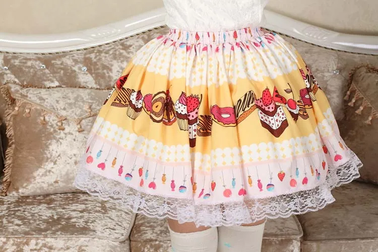 Лолита Сладкий светло-желтый оригинальный Дизайн торт и с принтом клубники для девочек короткие милые юбки