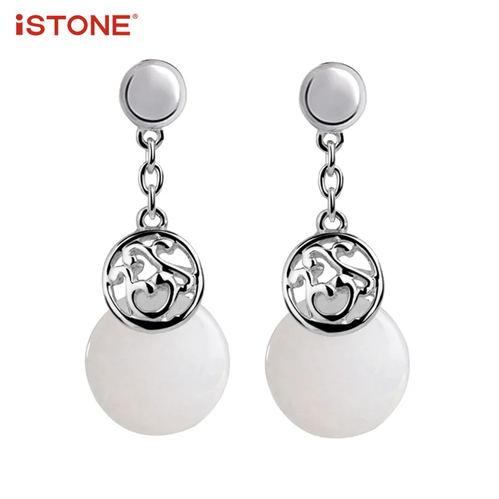 

iSTONE 100% Natural Gemstone 925 Sterling Silver Jade Quartzite White Round Shape Drop Earrings Fine Jewelry Gift for Woman