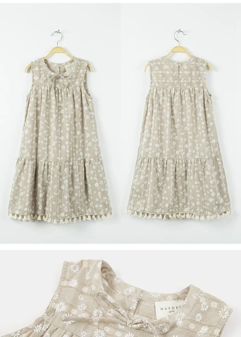girls sleeveless flower print dress tassel trim G5080-14