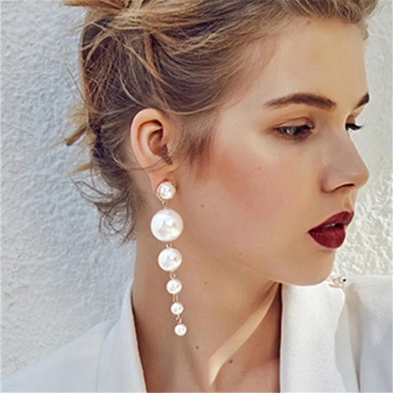 

Elegant Created Big Simulated Pearl Long Earrings Pearls String Statement Earrings For Wedding Party Gift