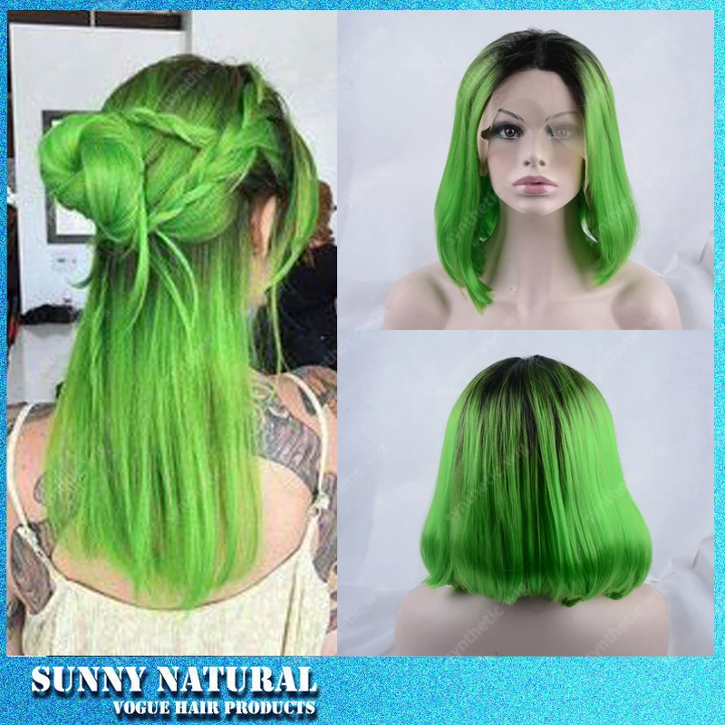 

Naturally Thick Lash Kylie Jenner Mint Green Bob Wig Synthetic 180%Density Heat Resistant Lace Front Wigs Ombre Green Bob Wigs