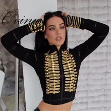 Высокое качество Черный с длинным рукавом Кнопка район Тонкий Bodycon бинты Топ для женщин куртки