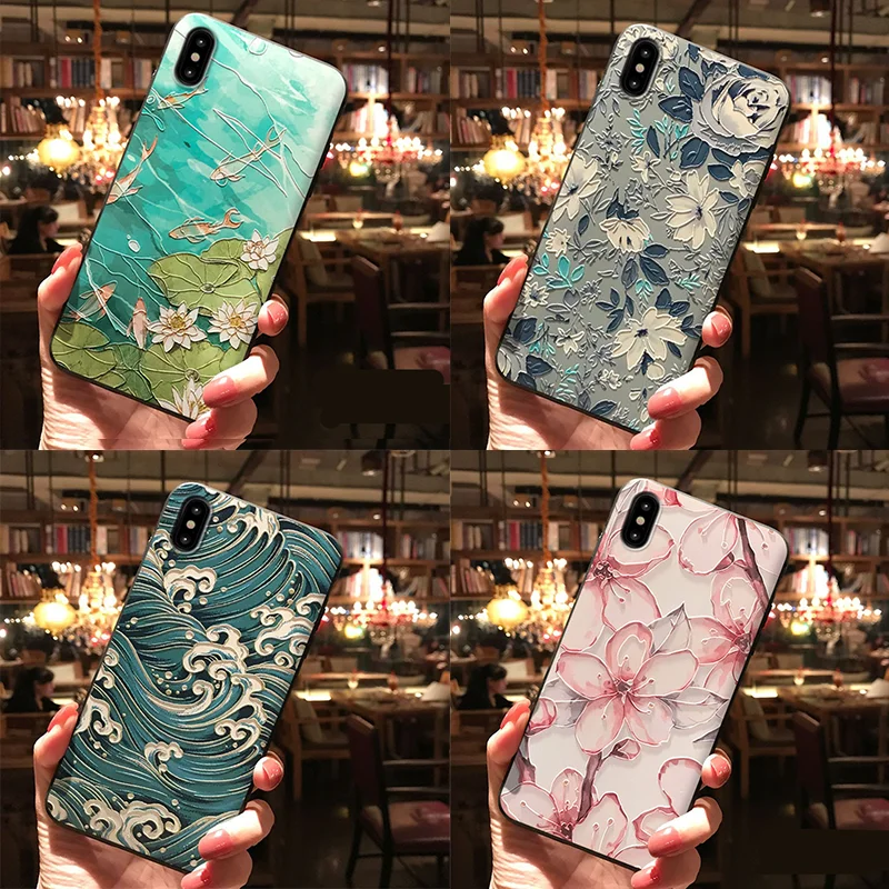 

3D Relief Flower Patterned Phone Case For Xiaomi Mi 9 Cartoon Retro Floral Cover For Xiaomi 9 Mi9 TPU Emboss Rose Case Fundas