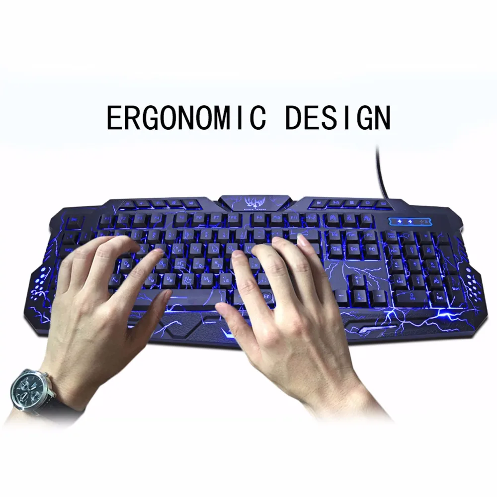 Русский/Английский Gaming Keyboard светодиодный 3-Цвет M200 USB Проводная Цвет Фул дыхание подсветкой Водонепроницаемый компьютер трещины клавиатура