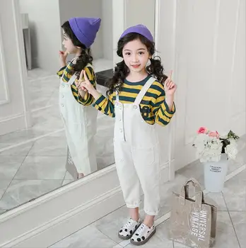 

2019 Korean style girls 2 pcs set striped t-shirt+overalls fashion spring girls suit 4-9t A9814