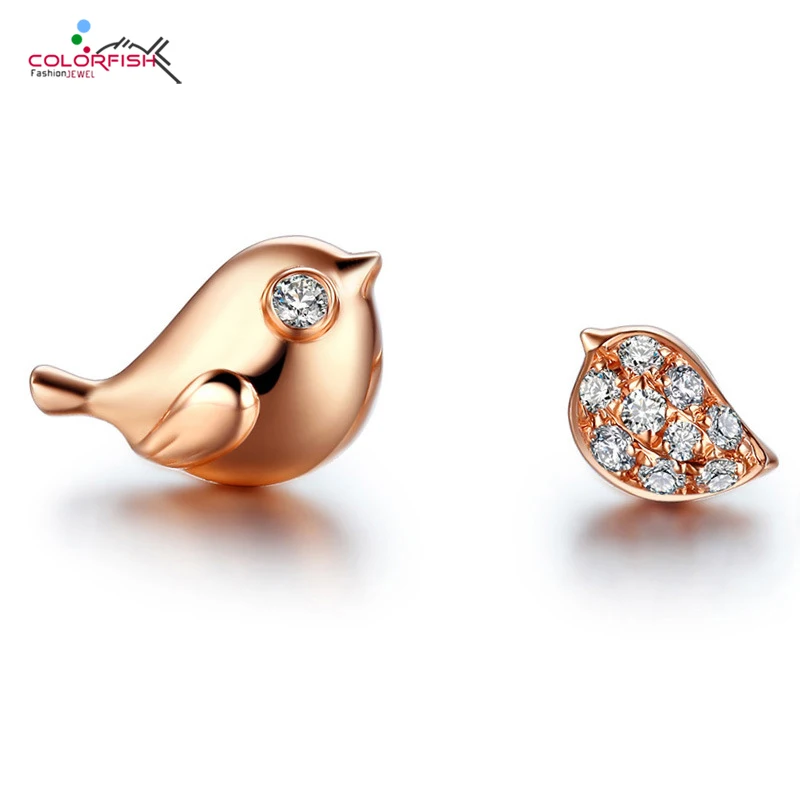 

COLORFISH Fashion Cute Bird Stud Earring Inlay Zirconia 925 Sterling Silver Jewelry Rose Gold Color Women's Asymmetric Earring