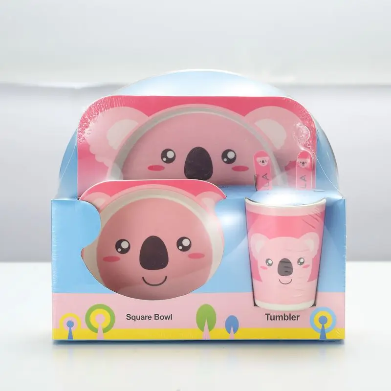 Modern bamboo fiber children's cutlery set creative cartoon rice bowl partition plate five-piece gift tableware WF627928 - Color: 05