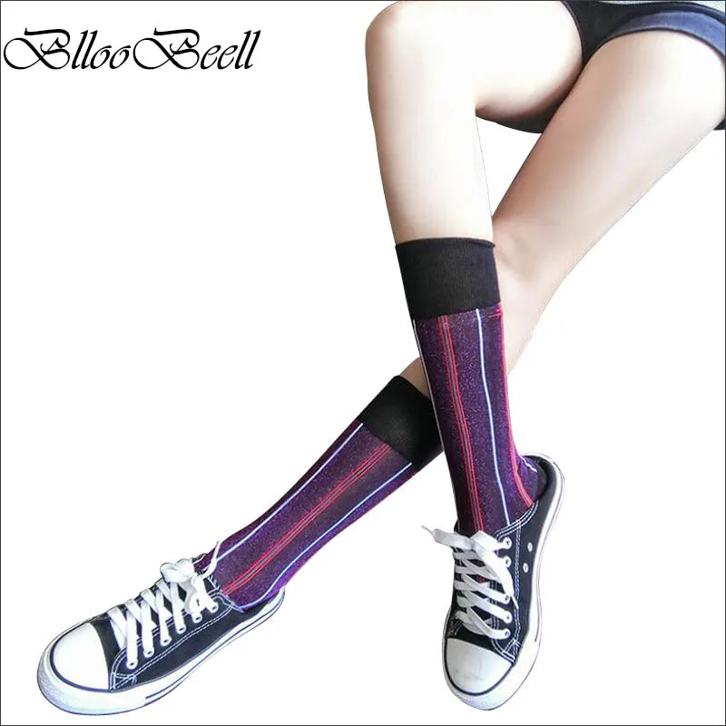 BllooBeell/Новые модные гольфы для женщин, блестящие золотые/серебряные Хлопковые женские носки, Повседневные Гольфы для девочек, нарядные носки