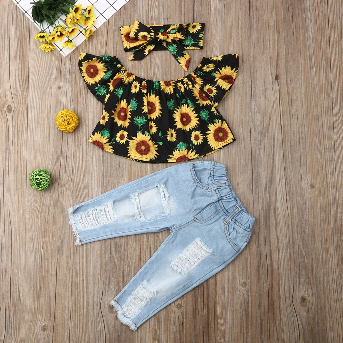 Pudcoco/Одежда для маленьких девочек топы с открытыми плечами и принтом подсолнуха рваные джинсовые штаны повязка на голову комплект из 3 предметов летняя одежда