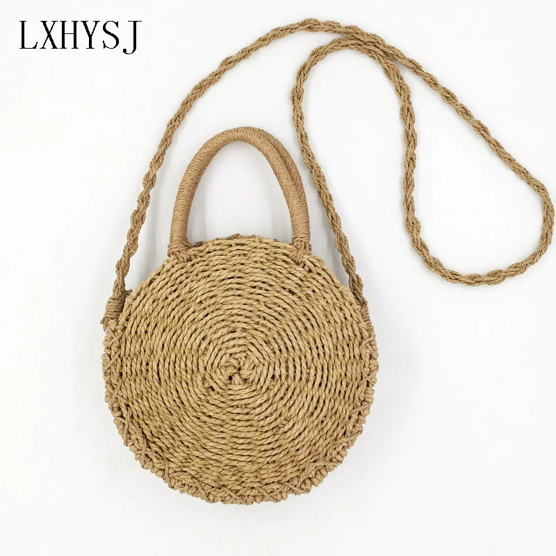 

LXHYSJ Summer Beach Tote Ms Handmade Rattan woven Round Hand Bag Vintage Straw Knitted Messenger Bags Shopping Bag