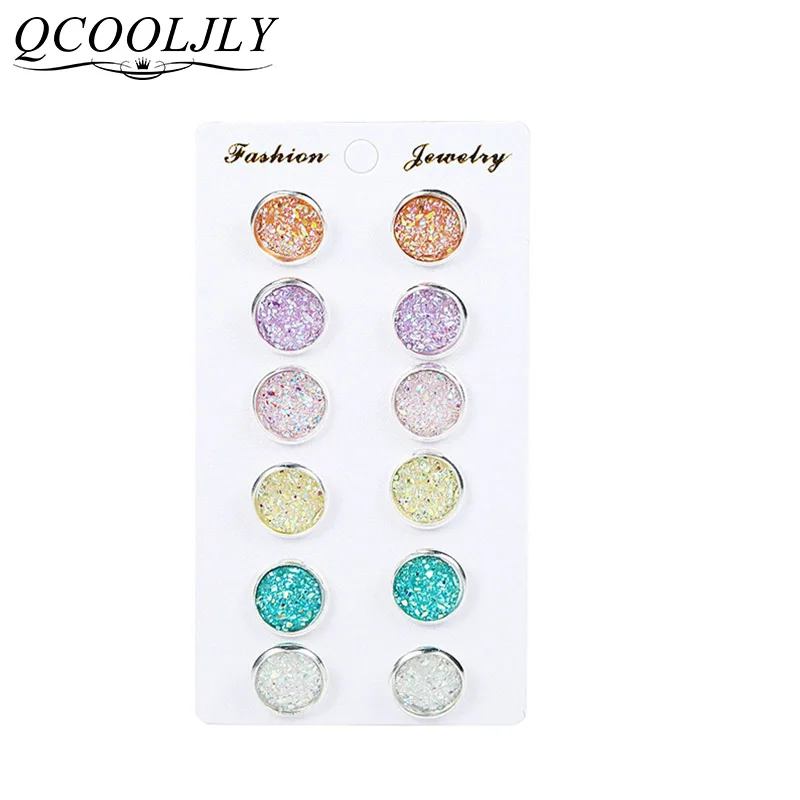 

6 Pairs / Set Bling Earring Sets Mixed Color Cute Round Stud Earrings For Women Fashion Jewelry Birthday Gift Wholesale