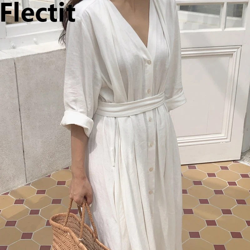 

Flectit Women Summer Beach Dress All White Wide Pleated Midi Long Dress with Belt Button Up V-Neck Vacation Dress Caftans *