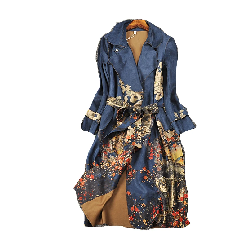 

Europe station 2017 autumn and winter New Arrival Casual Batik Full sleeve Long Turn-down Collar Belt Slim Print women Trench