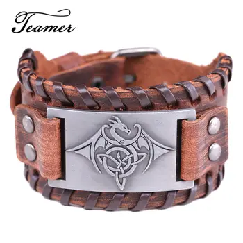 

Teamer Vintage Wicca Symbol Triqueta Dragon Charm Bracelets for Men Black Brown Braid Leather Bracelets Cool Adjustable Jewelry