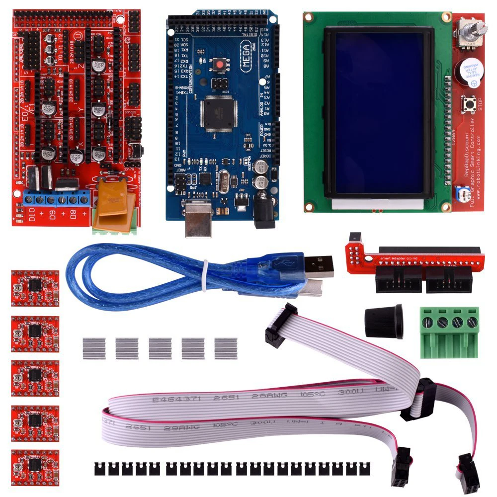  3D Printer Kit with RAMPS1.4+ Mega 2560+ 5pcs A4988 with Heatsink + LCD 12864 Graphic Smart Display Controller with Adapter 