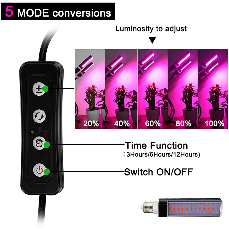 60 Вт 120 Светодиодный лампа для выращивания растений с питанием от источника с 3/9/12 H таймер 10 уровней яркости 3 режима светодиодный Grow Light для комнатных растений Регулируемый растущие огни