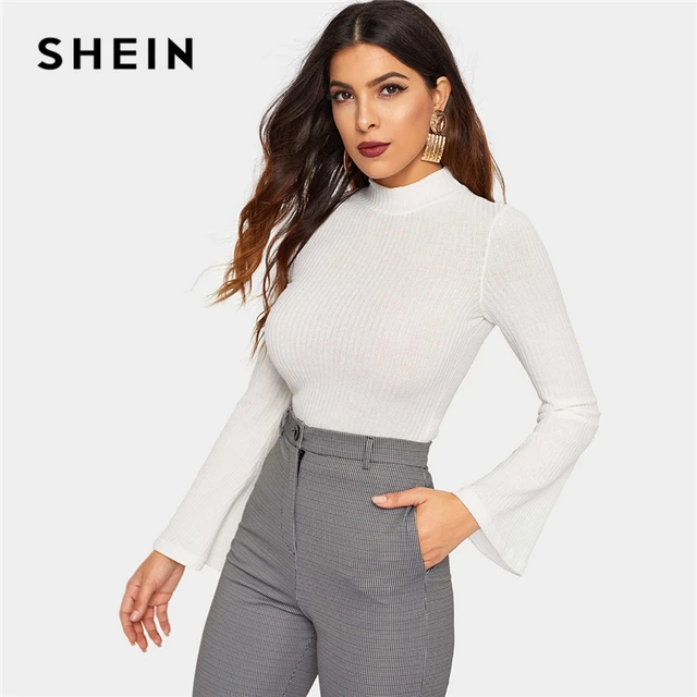 Download SHEIN Beige Ribbed Knit Bell Sleeve Mock neck Crop Slim ...