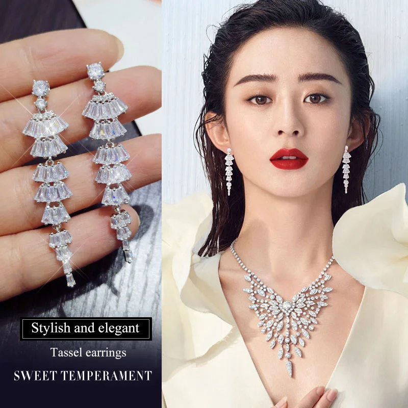 

earrings for Korean women long style earrings trend fashion earrings zircon long style fringed 925 silver earrings