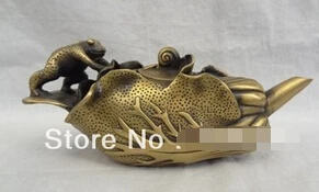 

0 10" Chinese Bronze Jump Frog Hoptoad Snail Statue Cabbage Leaf Teapot Wine Pot
